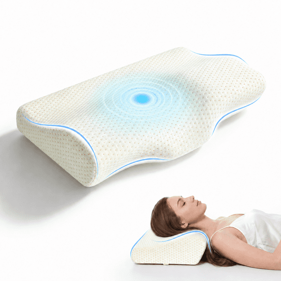 QUTOOL Ergonomic Memory Foam Cervical Pillow for Side, Back & Stomach Sleepers, Contour Neck Support Bed Pillow with Breathable Removable Cover, Dual Height Sleeping Pillow, White