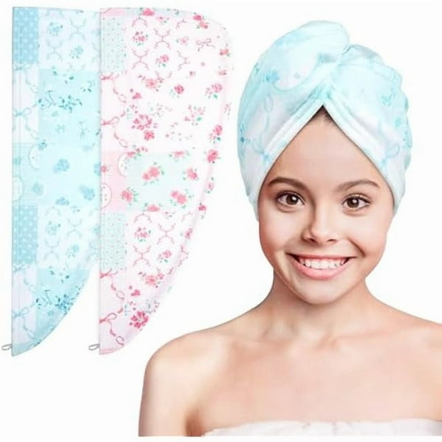 wonima11 Microfiber Hair Towel Wrap for Kids 2 Pack Rapid Drying Hair Towel with Button Hair Turbans for Wet Hair Wraps Head Towel Wrap for Women and Girls