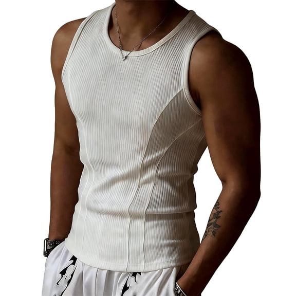YUGYXL Men's Summer Solid Color Slim Fit Wide Strap Training Gym Sports Tank Top Moisture-Wicking Athletic Sleeveless Shirt White L