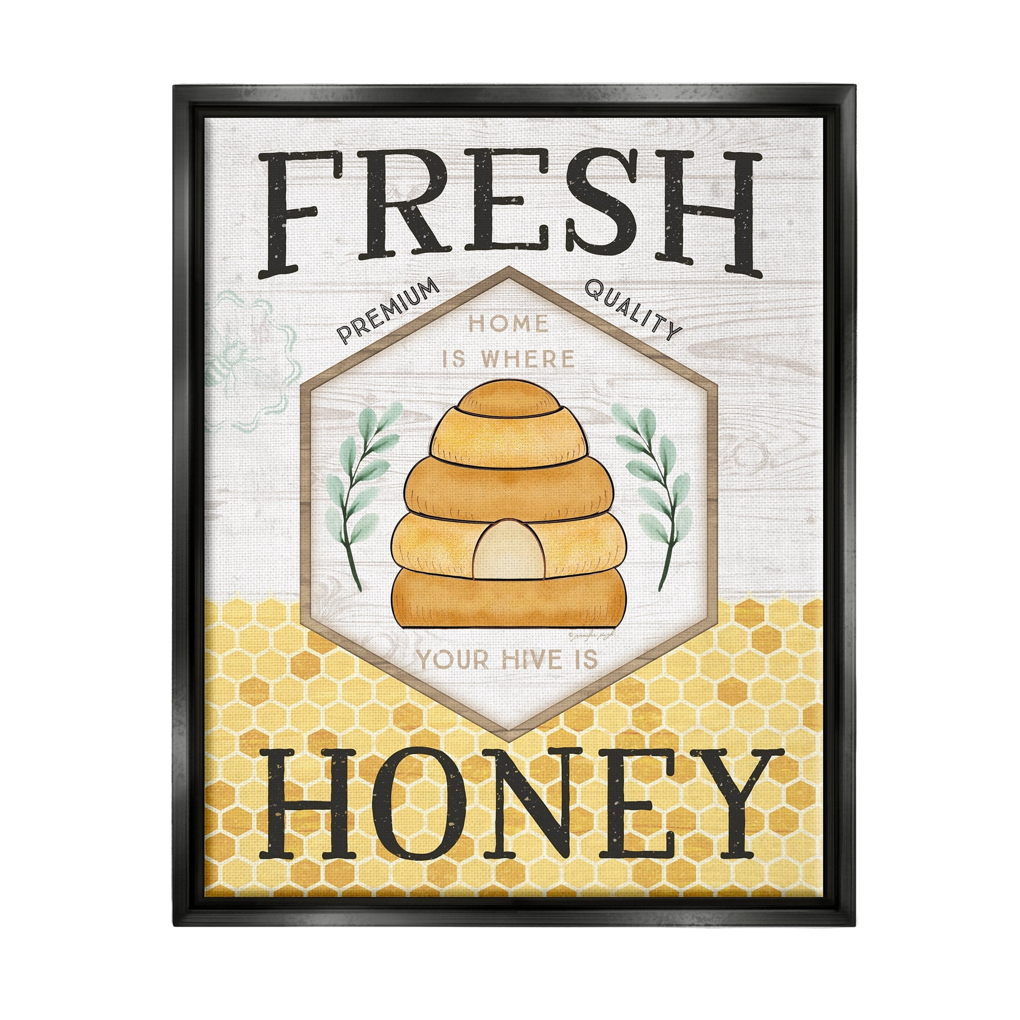 Stupell Industries Fresh Honey Rustic Bee Hive Typography Sign Graphic Art Jet Black Floating Framed Canvas Print Wall Art, Design by Jennifer Pugh