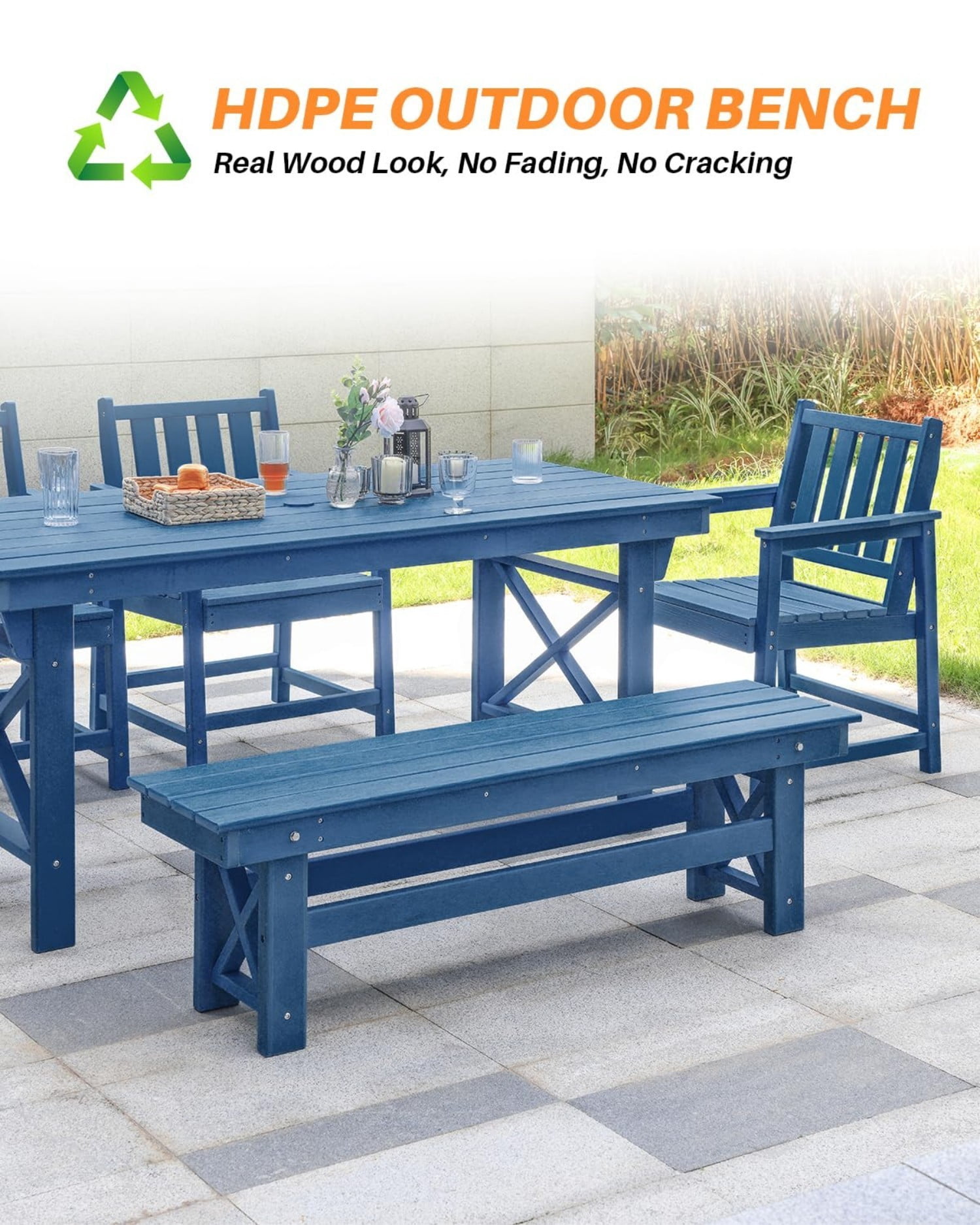 HDPE Outdoor Dining Table for 6, 66.9" Rectangle Patio Dining Table with 2.2" Umbrella Hole, All Weather HDPE Outdoor Table for Backyard, Deck, Garden, Poolside, Navy