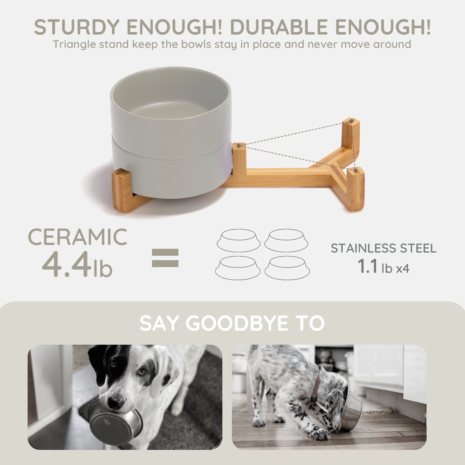 SPUNKYJUNKY Ceramic Dog and Cat Bowl Set with Wooden Stand Non-Slip Matte Glaze Weighted Food Water Set for Cat Medium Dog 28.7 OZ,Grey