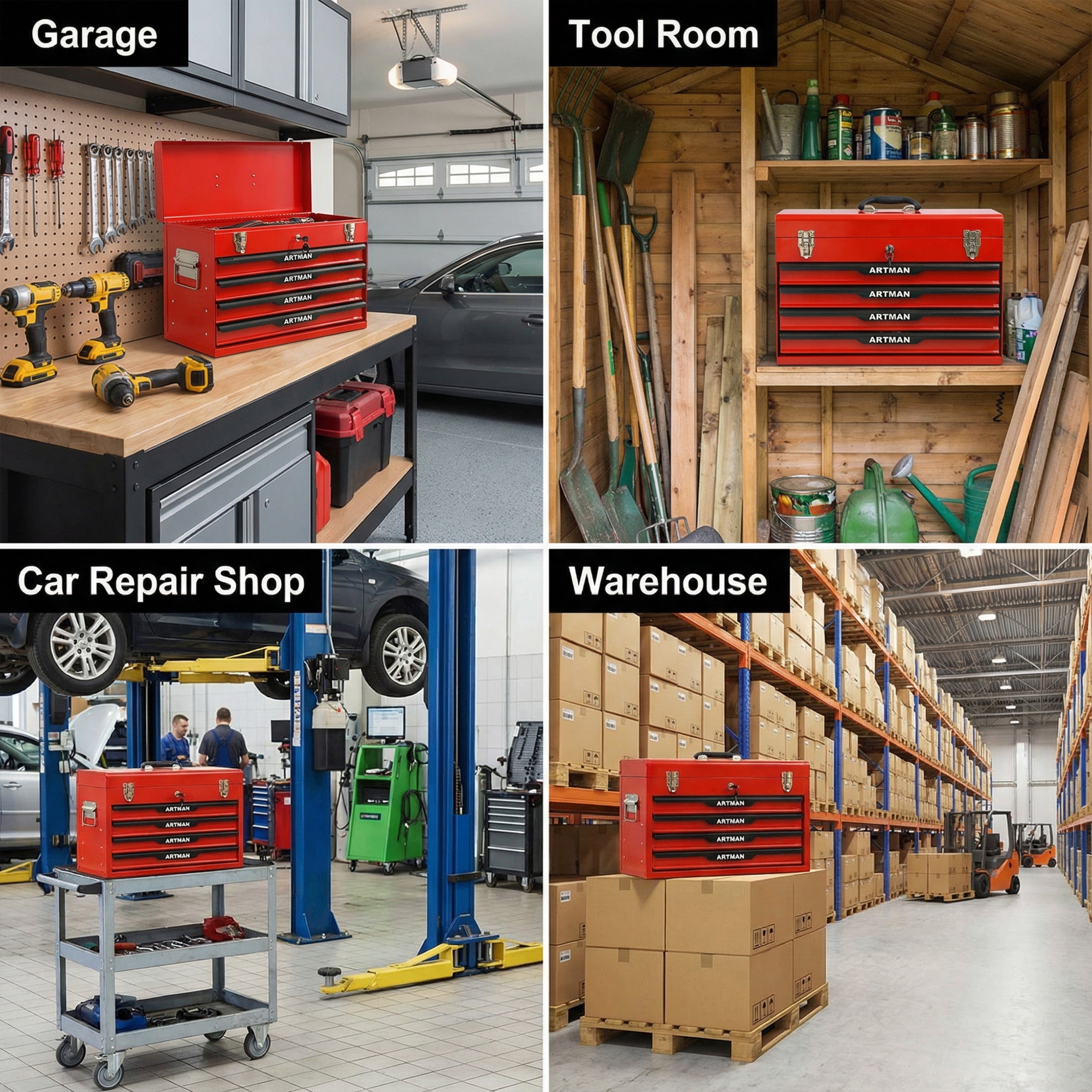 Noble House 20" Steel Portable Tool Box with 3 Drawers & Lock Closure, Ball Bearing Slide Organizer Chest, Red