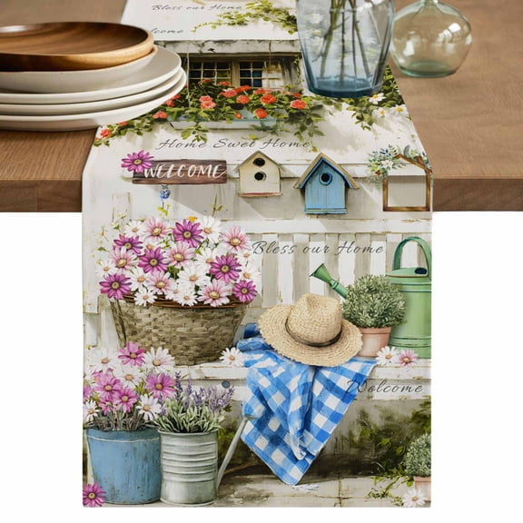 Table Runner 72 Inches Long for Kitchen Dining, Spring Daisy Dresser Scarf Farmhouse, Dining Table Decorations for Wedding/Parties, Flowers Farmhouse Leaves Floral Pots Countryside 13 x 72 In