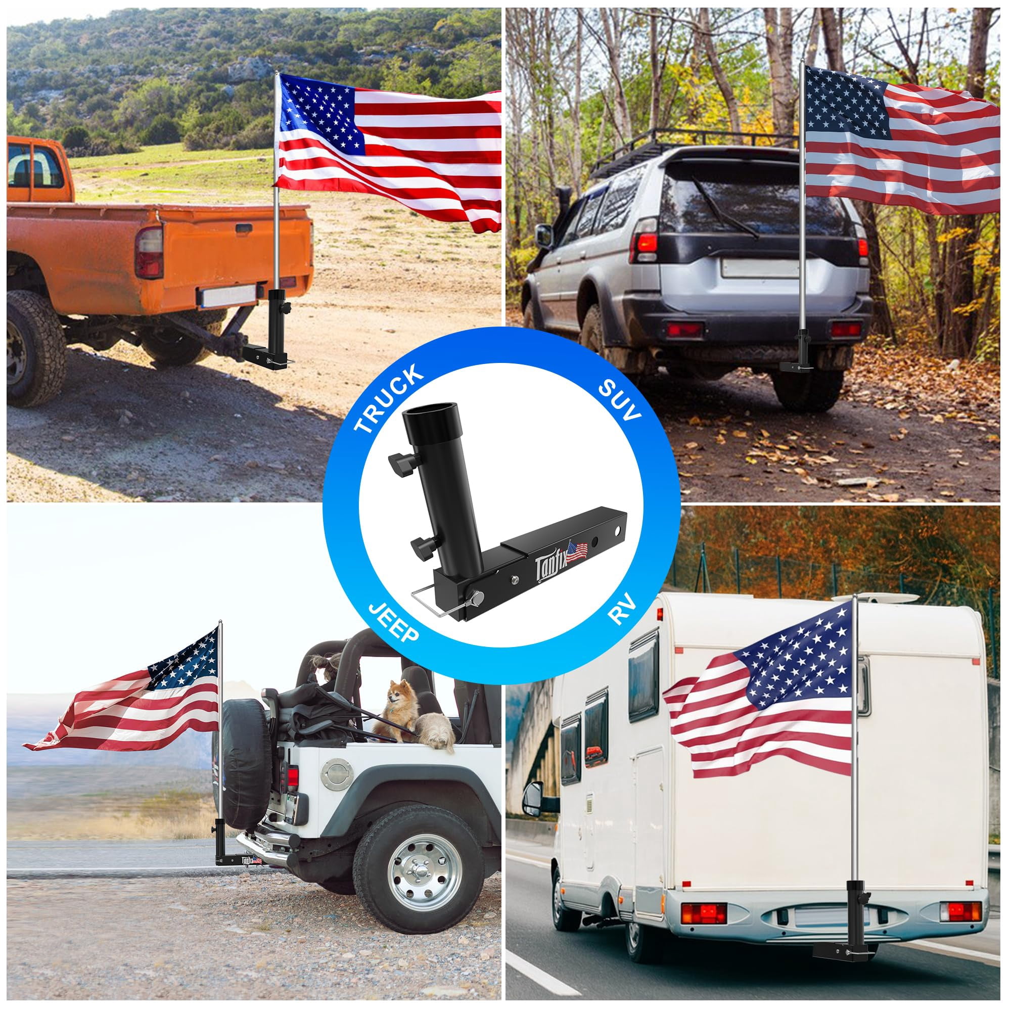 Tanfix Foldable Hitch Mount Flagpole Holder | All Metal Heavy- Duty, Fits Standard 2" Trailer Hitch, Compatible with Jeep, Truck, SUV, RV, Pickup, Camper Trailer (ONE Flagpole)