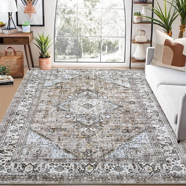 Machine Washable Area Rug 9x12 Ft-Vintage Medallion Carpet-Non Slip Low Pile Floor Rug-Soft Stain Resistant Boho Farmhouse Accent for Living Room Bedroom-Easy Clean Durable Design-Khaki