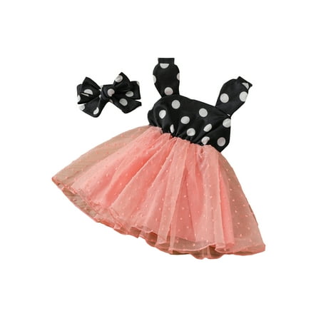 

Qtinghua 2Pcs Newborn Infant Baby Girls Summer Outfits Sleeveless Dots Print Tulle Dress with Headband Clothes Black 3-6 Months