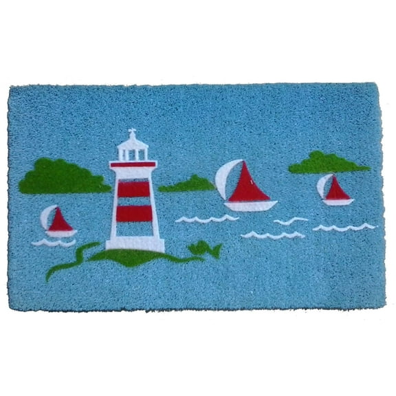 Imports Decor Yacht Light House Vinyl Backed Coir Doormat with Flocked Pattern, 30 x 18 x 1/2"