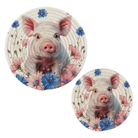 

Cute Pig in Floral Pot Holders Set Trivets Hot Pads Cotton Mats for Cooking