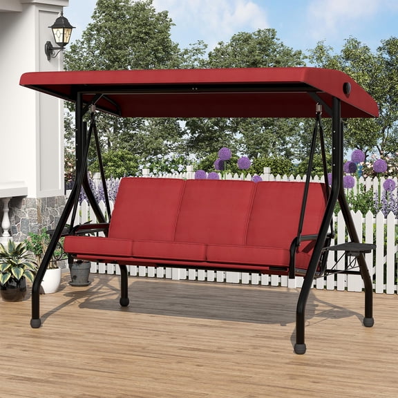Ataujin 3 Seat Outdoor Porch Swing, 2-in-1 Patio Swing Chair with Thickened Removable Cushions, Adjustable Canopy & Cup Holders, Outdoor Swing with Weather Resistant Steel Frame