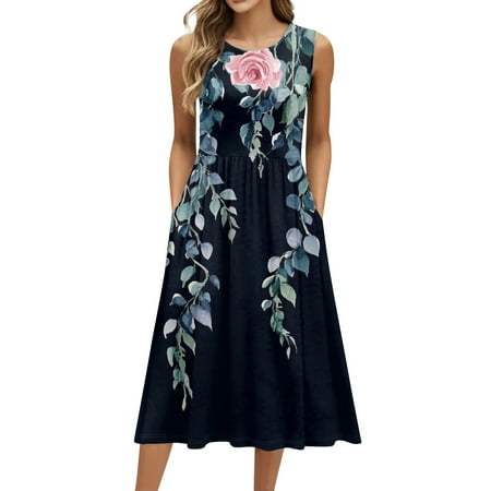 Biziza 2025 Casual Dresses for Women Long Black Causal Vintage Floral Sleeveless Elegant Dresses Lightweight Cotton Round Neck Stretch Polyester Corset Dress with Pockets
