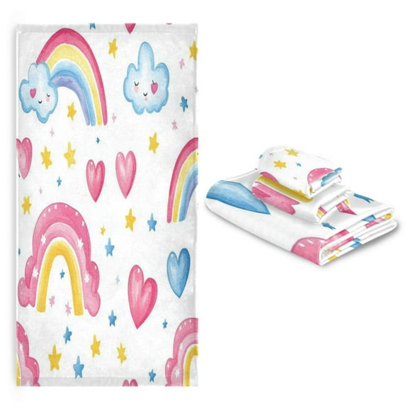 3 Pack Towel Set with Bath Towels, Hand Towels & Washcloths for Everyday Use Colorful Heart and Rainbow