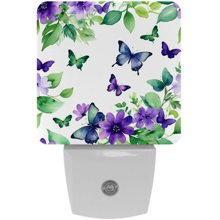 

LED Night Light Lamp with Smart Sensor Dusk to Dawn Sensor 2-Pack for Bedroom Bathroom Hallway White 0.5W Plug-in Art Watercolor Flower Floral Purple Butterfly