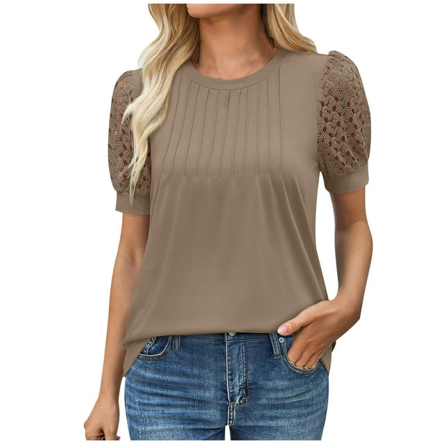 Staron Hauts pour Femmes en Liquidation Couleur Unie Tunique Plissée Élégante Manches Courtes Bouffantes Mode Col Rond Décontracté Été Hauts Tendance Chemises Ajourées