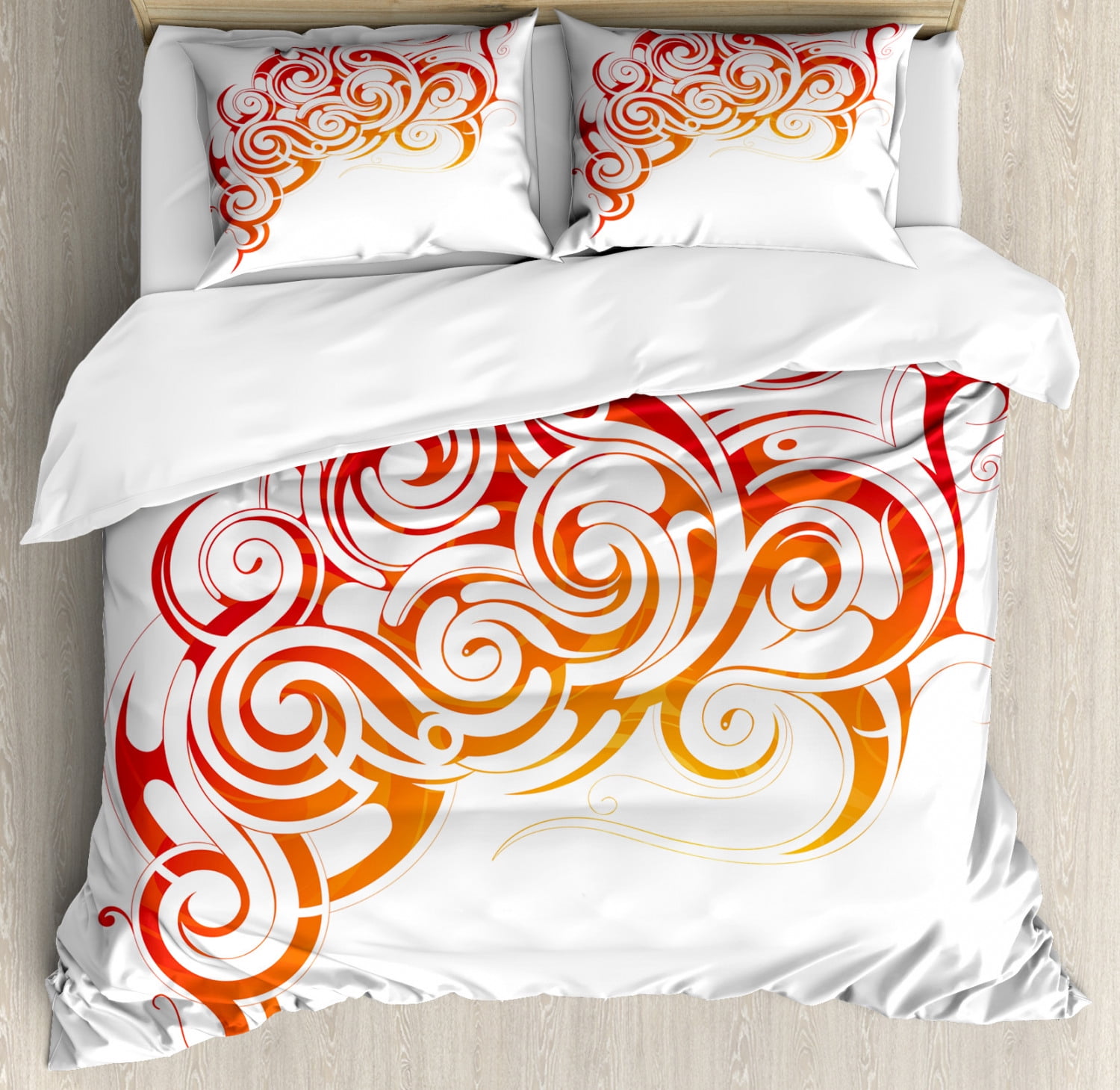 Smoke Duvet Cover Set King Size, Artistic Tribal Tattoo Inspired Abstract Fire Flames and Smoke Ornament, 3 Piece Bedding Set with 2 Pillow Shams, Vermilion and Orange, by Ambesonne