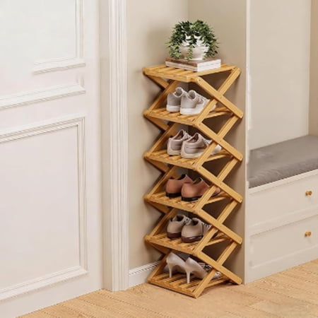 6-Tier No-Assembly Bamboo Shoe Rack – Foldable Freestanding Storage Shelf for Shoes, Books & Decor, Space-Saving Narrow Design for Closet, Entryway & Small Spaces(1Pcs,C)