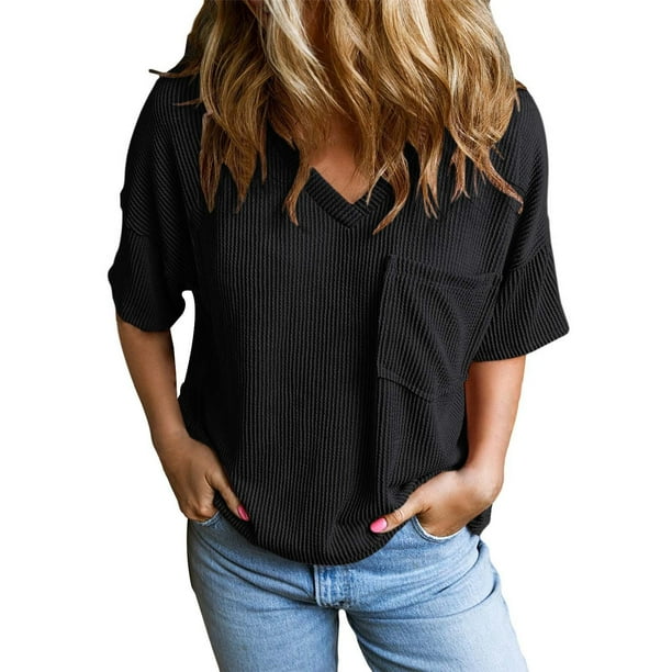 Camiseta holgada de manga corta con cuello en V y color liso para mujer - Algodón y lino suaves, blusa informal bordada