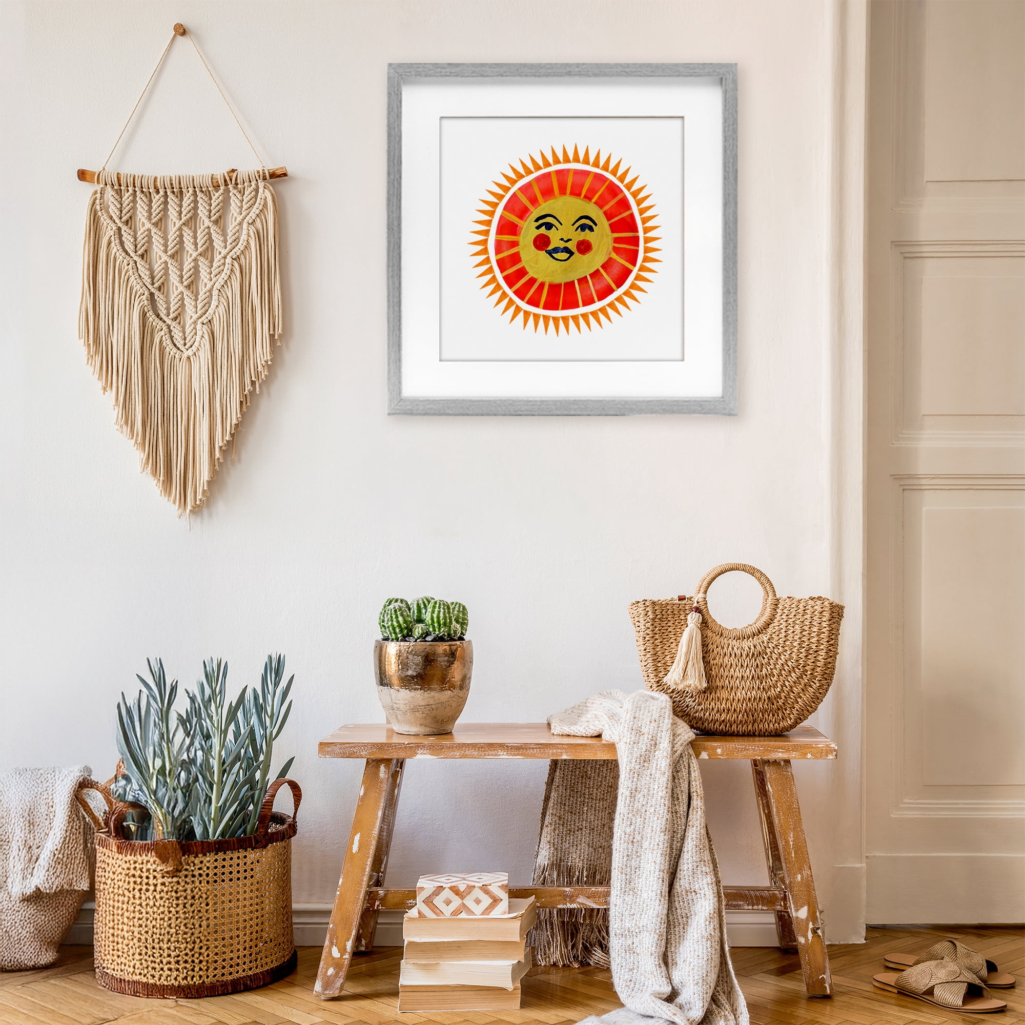 Stupell Industries Cheerful Boho Sun Gray Framed Print Under Glass, design by Katherine Herrell Studio