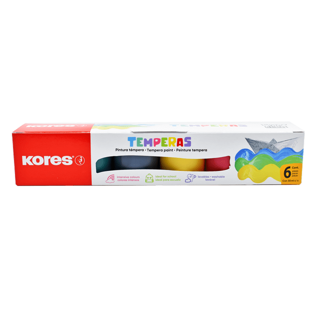 Set Pintura Témpera Kores 6 Colores Lavables 30 ml para Escuela y Manualidades