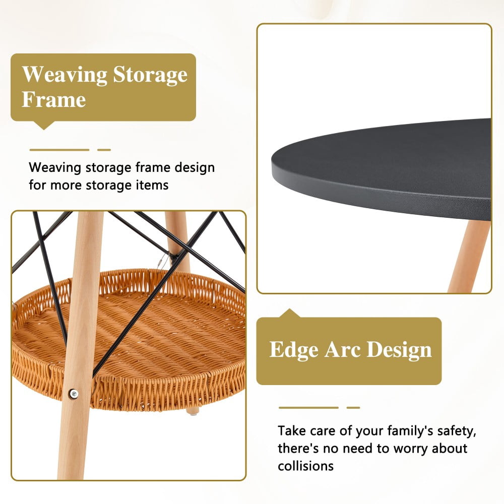 31.5" Round Dining Table, Black MDF Vacuum-Formed Tabletop with Solid Wood Legs, Woven Storage Basket, Modern Kitchen Table for 2-4