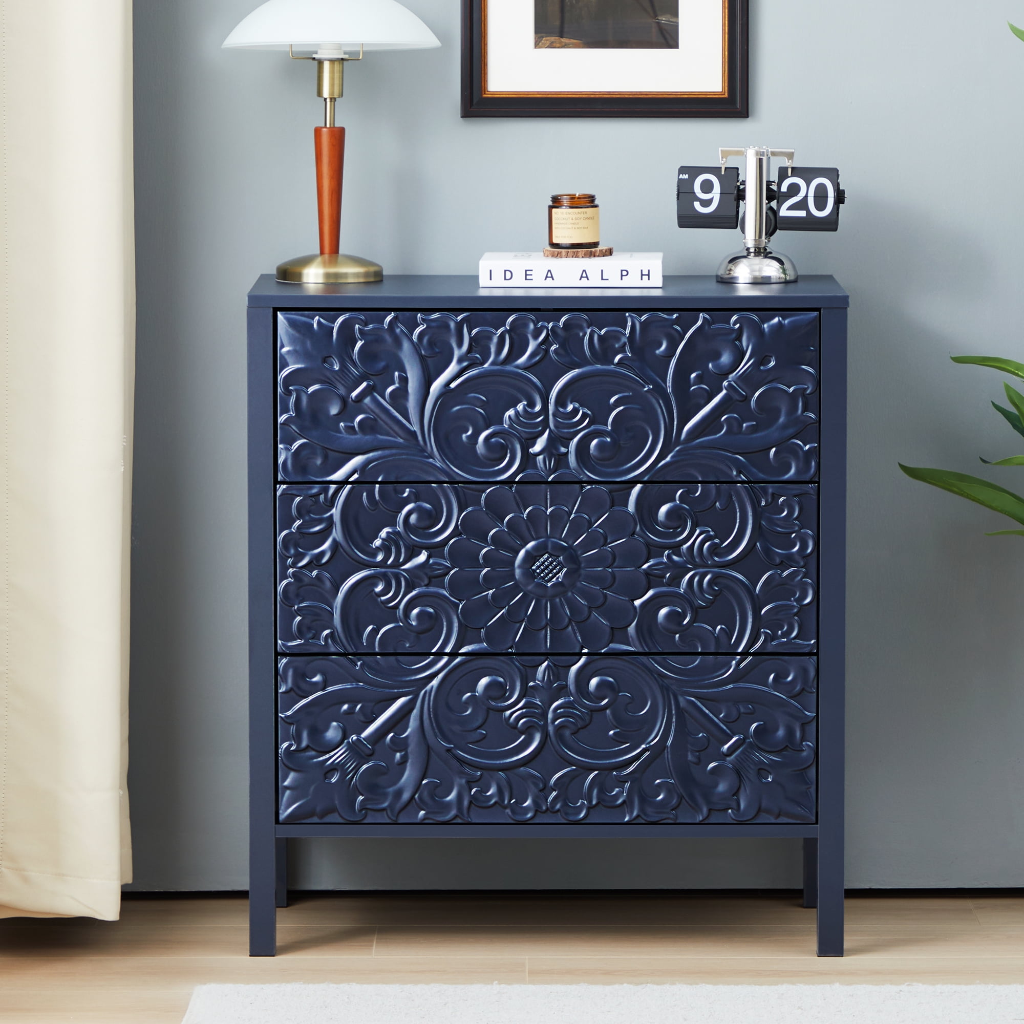 Wirrytor 3 Drawer Dresser for bedroom, Modern Chest of Drawers with Handles, Accent Wood Storage Cabinet for Bedroom, Living Room and Kitchen (Blue 3-Drawers-1)