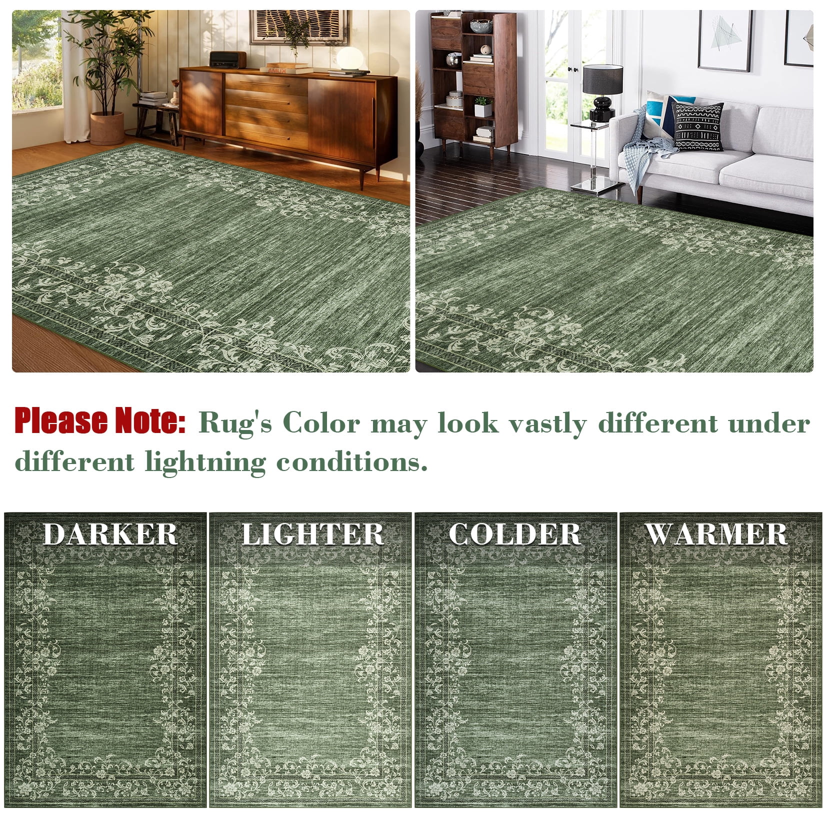 CAROMIO 2' x 6' Green Runner for Enterway Kitchen Geometric Border Floral Pattern Non-slip Indoor Mat