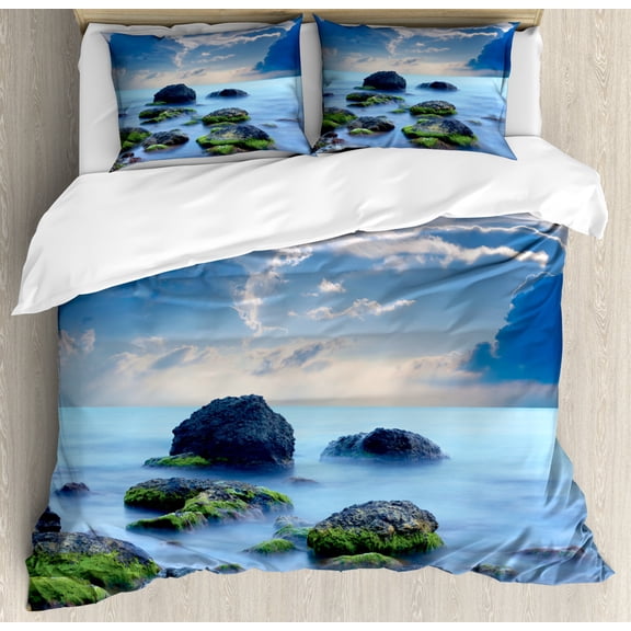 Beach Duvet Cover Set Queen Size, Sea Stones on Mystic Seaside Caribbean Shore Photo Majestic Cloudscape, Decorative 3 Piece Bedding Set with 2 Pillow Shams, Blue Pale Blue Green, by Ambesonne