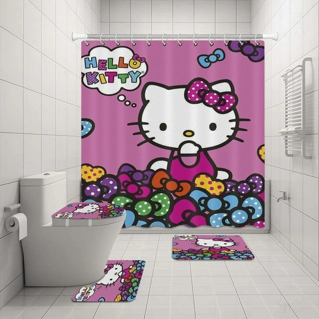 Hello Kitty Ensemble de Rideau de Douche Sanrio Impression Anime Imperméable Rideau de Douche Ensemble de Quatre Pièces Tapis Couvercle de Toilette en Forme de U LS