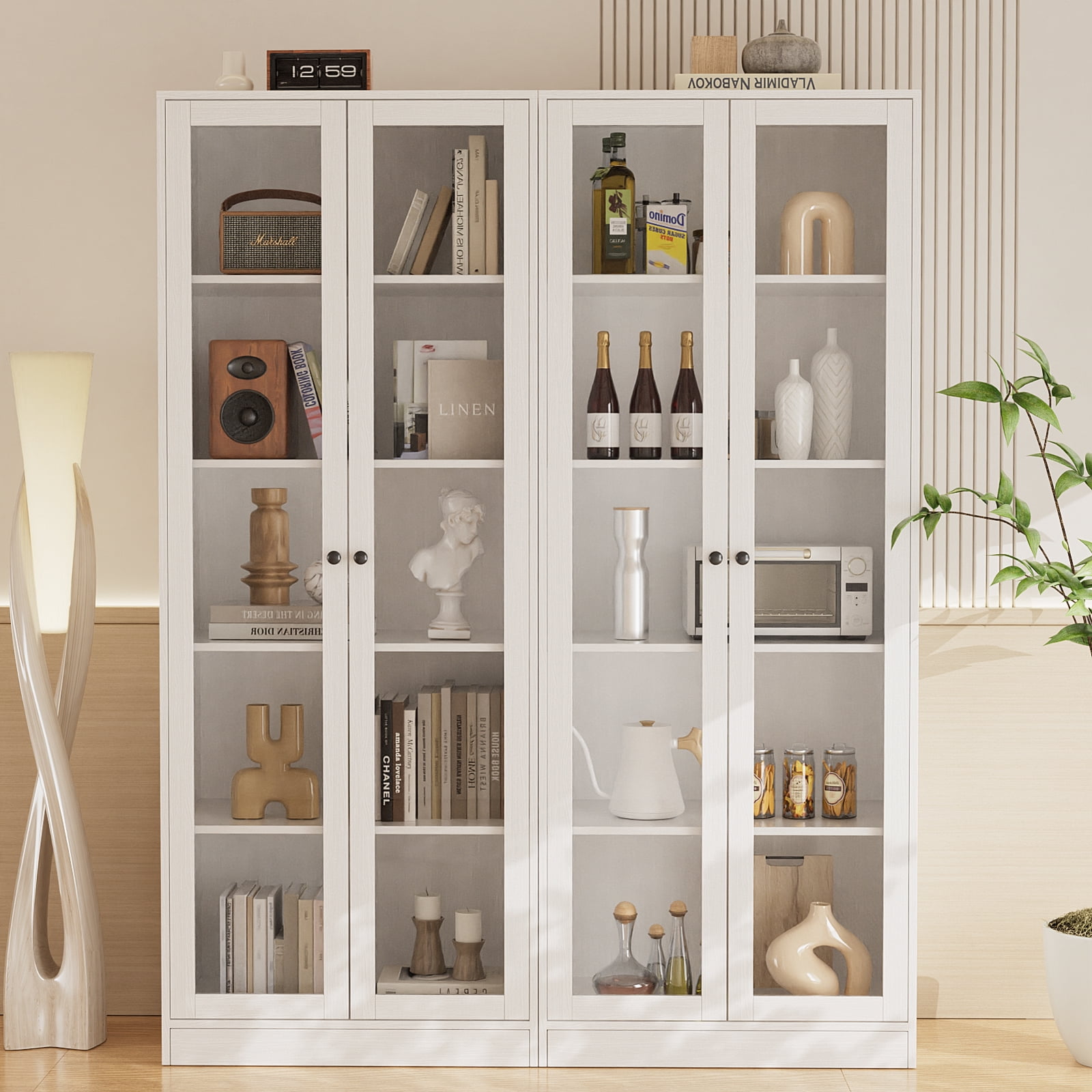 RichYa 71"H Display Cabinet with Glass Doors,5 Tier Kitchen Pantry Cabinet with Shelves for Dining Room,Living Room,C(White)