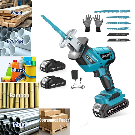 Seesii Reciprocating Saw Cordless, 3500 RPM Brushless Motor with 2 x 2.0Ah Batteries, LED Light, 8 Saw Blades Portable Sawzall for Wood PVC Cutting