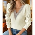 thumbnail image 5 of Womens Long Sleeve Sweaters Fall Trendy Lace V Neck Knit Drop Shoulder Pullover Sweater Jumper Tops Cream White L, 5 of 9