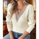 thumbnail image 5 of Suéteres de Larga para Mujer, de Otoño, con Encaje, Cuello en V, de Punto, Hombros Caídos, Jerseys, Tops. Crema S, 5 of 9