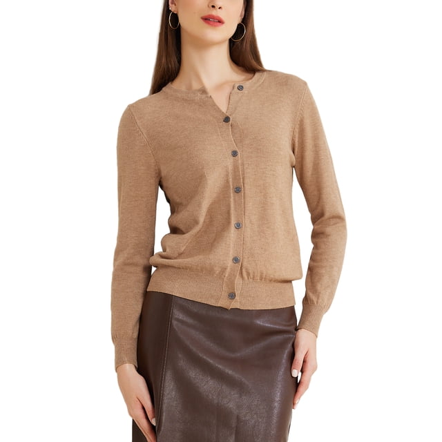 Suéter ligero de mujer Inspire Chic, con cuello redondo, botones, manga larga, cárdigan, color camel
