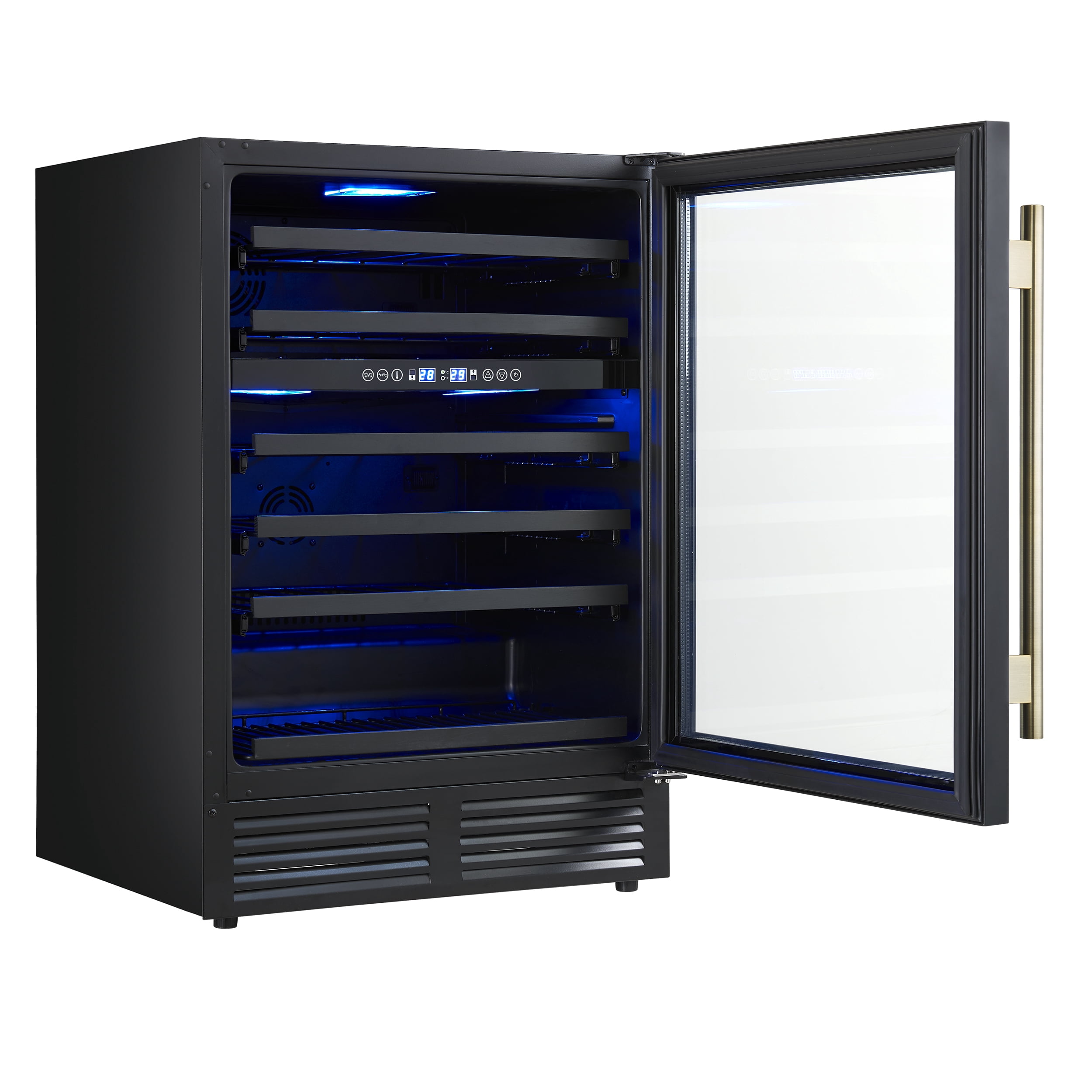 Forno Bacchino 24 Inch Wine Cooler, Black with Antique Brass Handles, with LED Lighting, Triple Glass Door, 51 Bottle Capacity, Built-In or Freestanding
