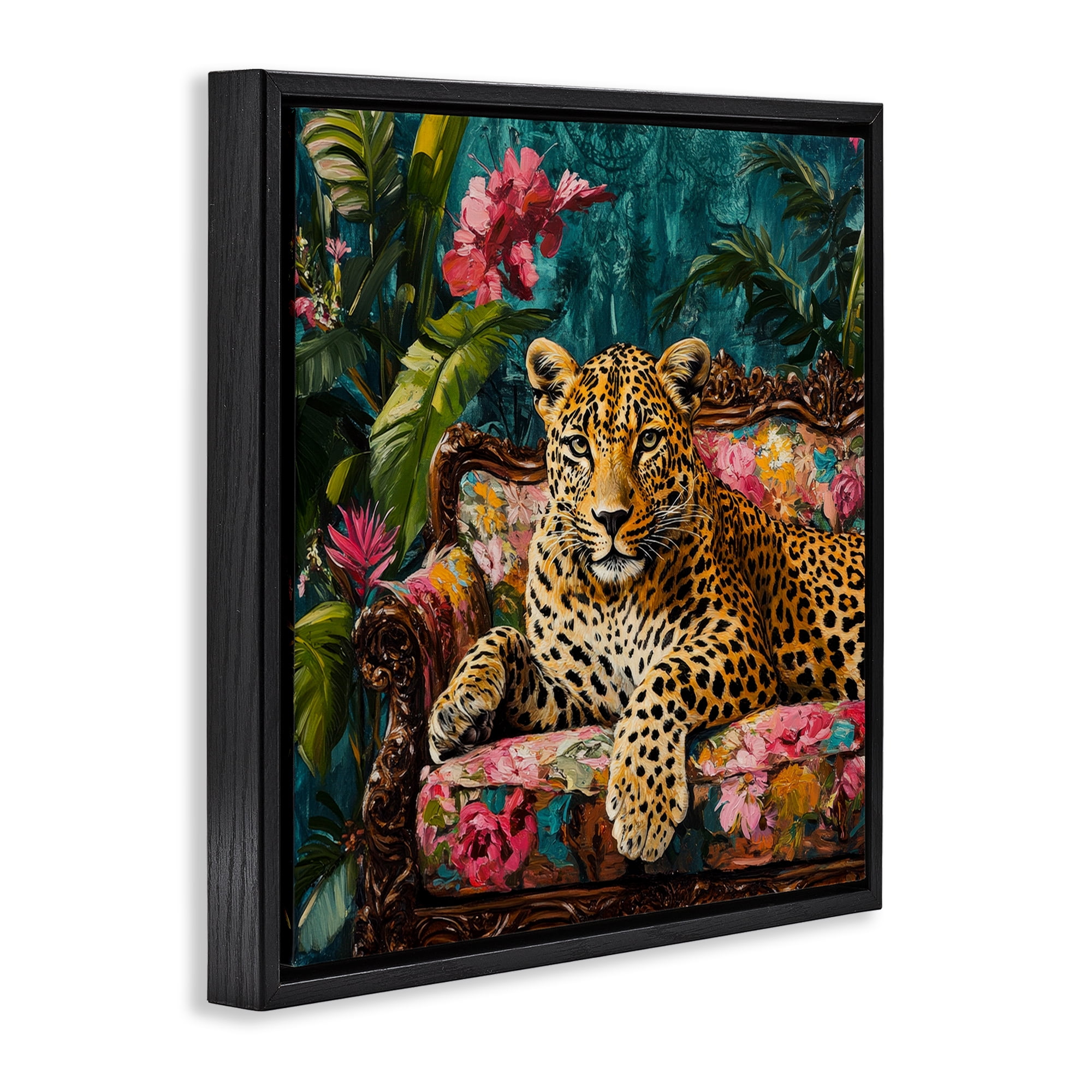 Stupell Industries Fashionable Leopard on Floral Sofa Black Framed Floater Canvas Wall Art, design by Petal Prints Design