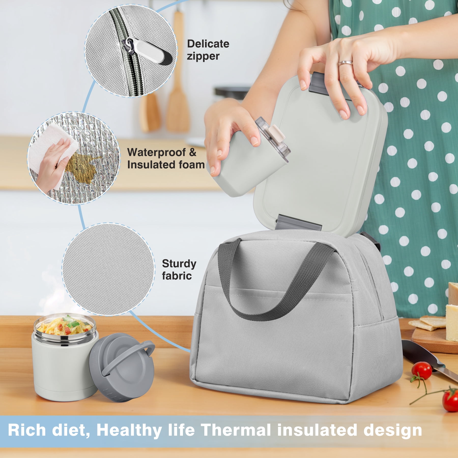 Bento Lunch Box Set with 10.5oz Soup Thermo for Adults Kids, Leak-proof Food Jar Lunch Container with 4 Compartment, Stainless Steel Coffee Tumbler with Lunch Bag for School Travel Office Grey