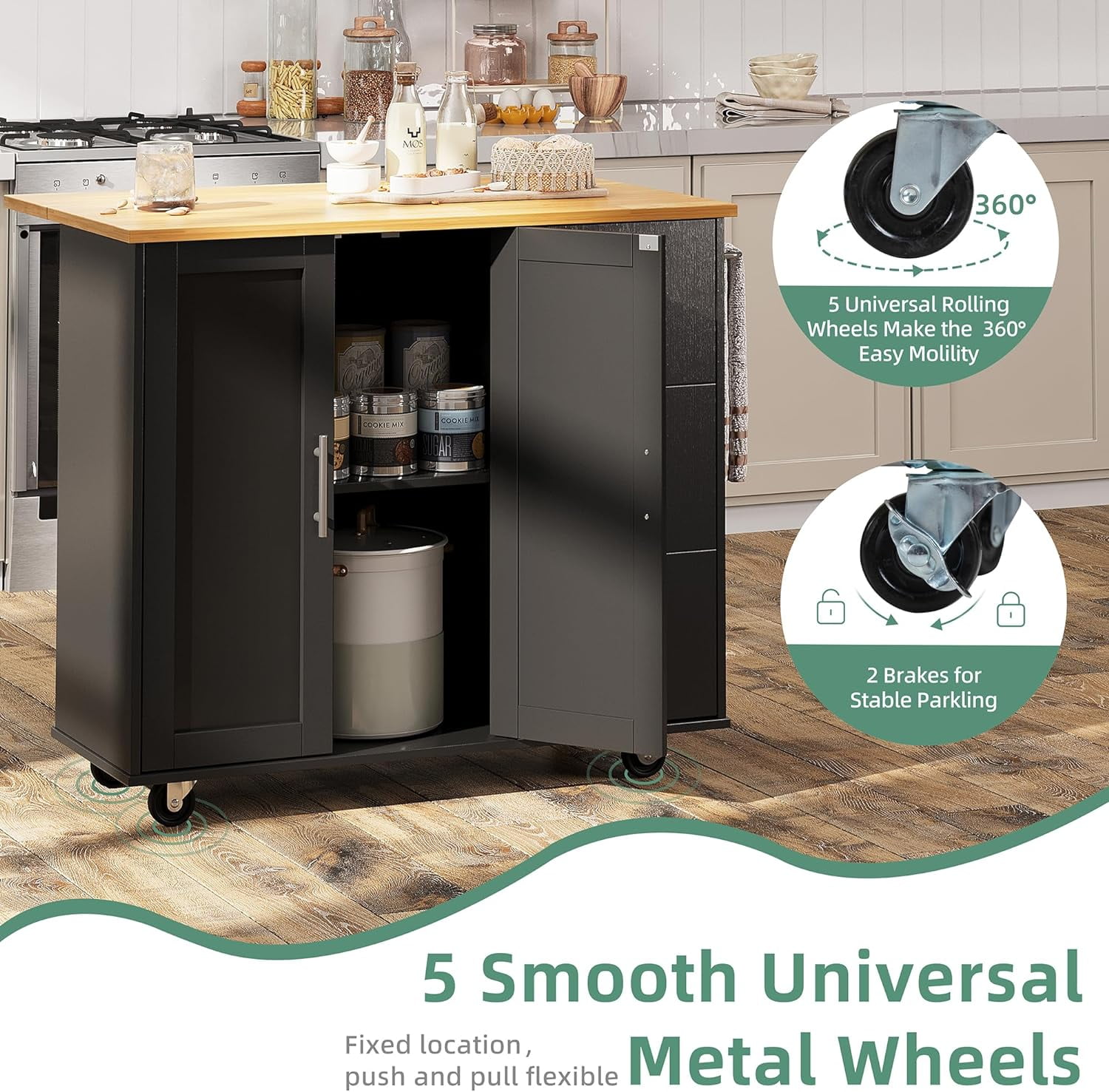 Sobaniilo Rolling Kitchen Island Cart with Folding Drop Leaf Breakfast Bar, Portable Trolley Island with Large Storage Cabinet, Shelf and Drawer, Black