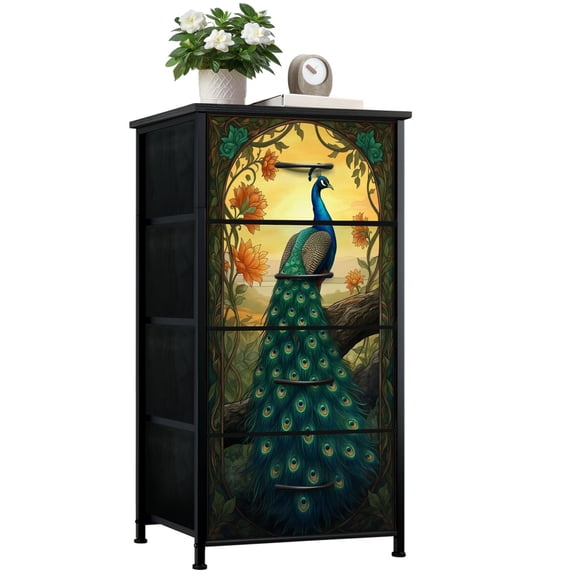 Dresser for Bedroom with 4 Storage Drawers Majestic Peacock Vibrant Feather Tail Ornamental Floral Dressers Chest of Drawers Steel Framed Fabric Closet Organizers for Dorm Entryway