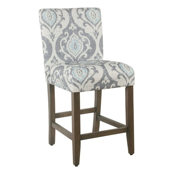 Benjara Wooden Counter Height Stool with Damask Pattern Fabric Upholstery, Gray and Blue