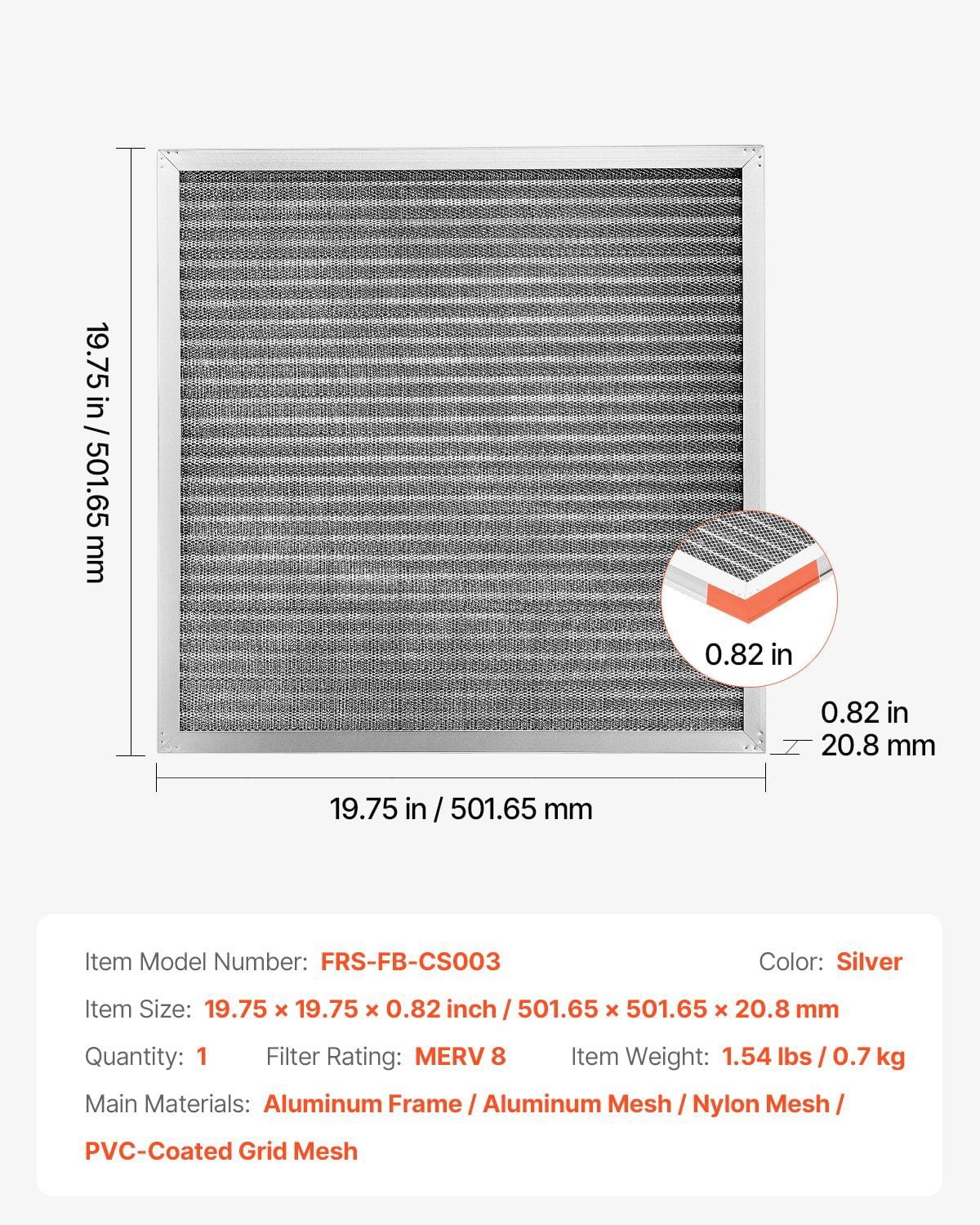 20x20x1 Aluminum Electrostatic Air Filter MERV 8 with Actual Size 19.75x19.75x0.82 Inches, Washable and Reusable Furnace Filter Compatible with HVAC Systems for Cleaner and Healthier Indoor Air