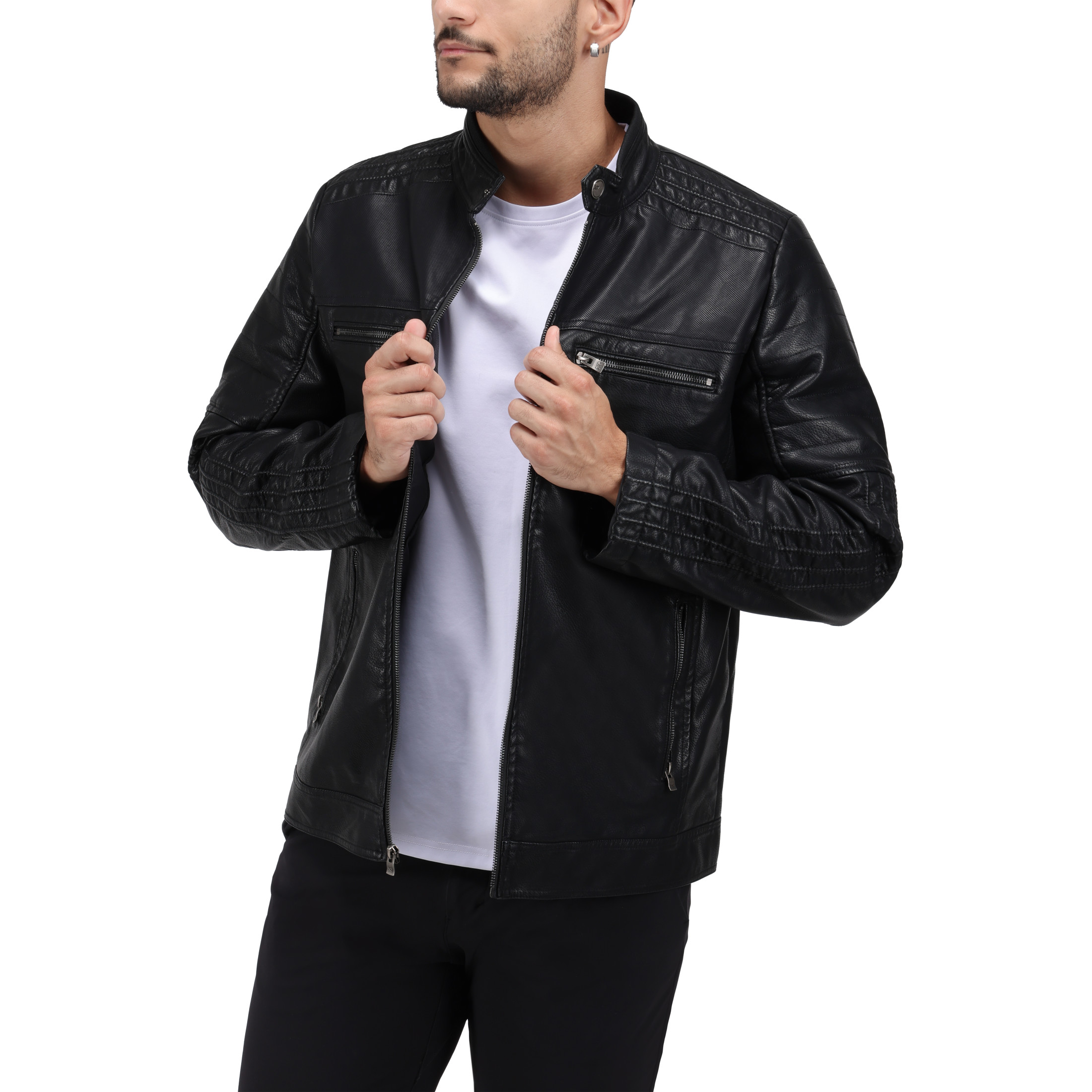 X RAY Jeans Mens Grainy PU Leather Moto Jacket, Black, XL