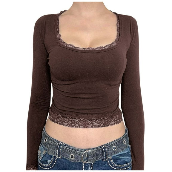 DuoJiaJ Spring And Autumn Sexy U Neck Lace Bow Tie Slim Fit Long Sleeve T Shirt For Women Stylish Layering Top Women’s T-Shirts Brown