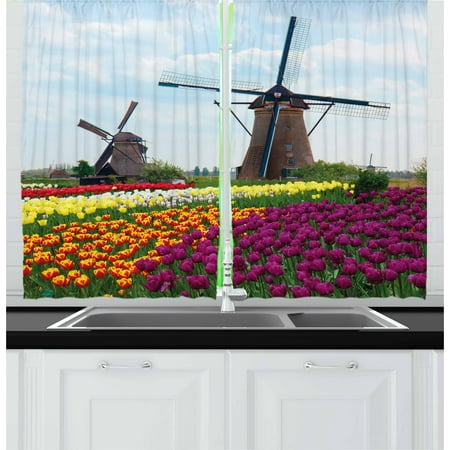 Country Bedding And Curtains Windmill Curtains 2 Panels Set, Bedding Plants of Netherlands Farm Country Heritage Historical Architecture Theme, Window Drapes for Living Room Bedroom, 55W X 39L Inches, Multicolor, by Ambesonne ()