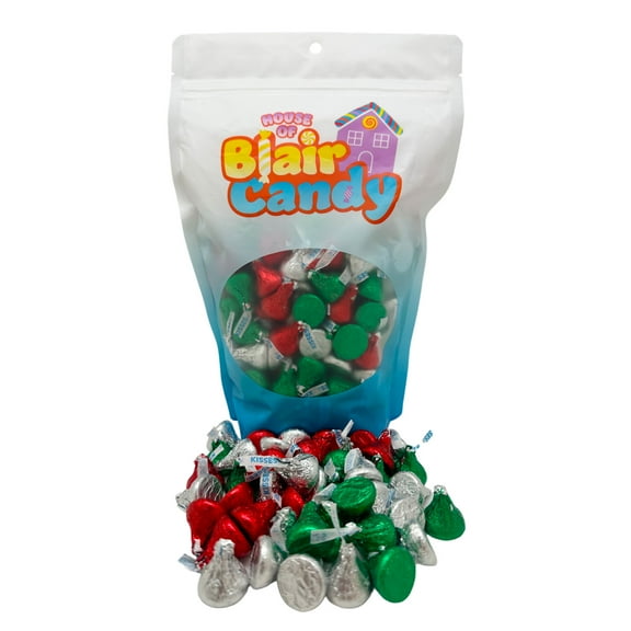 Hershey’s Milk Chocolate Kisses Christmas Edition - 2 Lb Resealable Bulk Candy Bag (approx. 200 pieces) - Chocolate Christmas Candy - Red, Silver, & Green Foil Wrapping