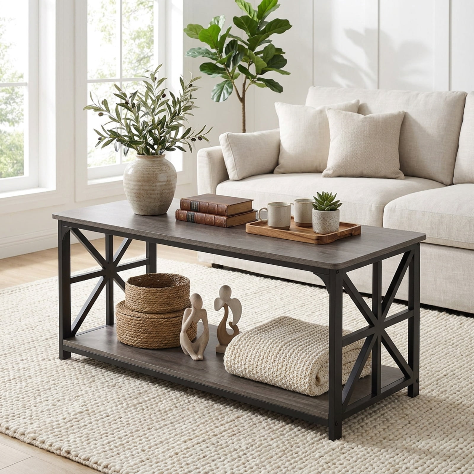 Furnibear 2-Tier Center Coffee Table with Bottom Storage Shelf and Carbon Steel X-Frame for Living Room and Home Office, Rustic, Oak