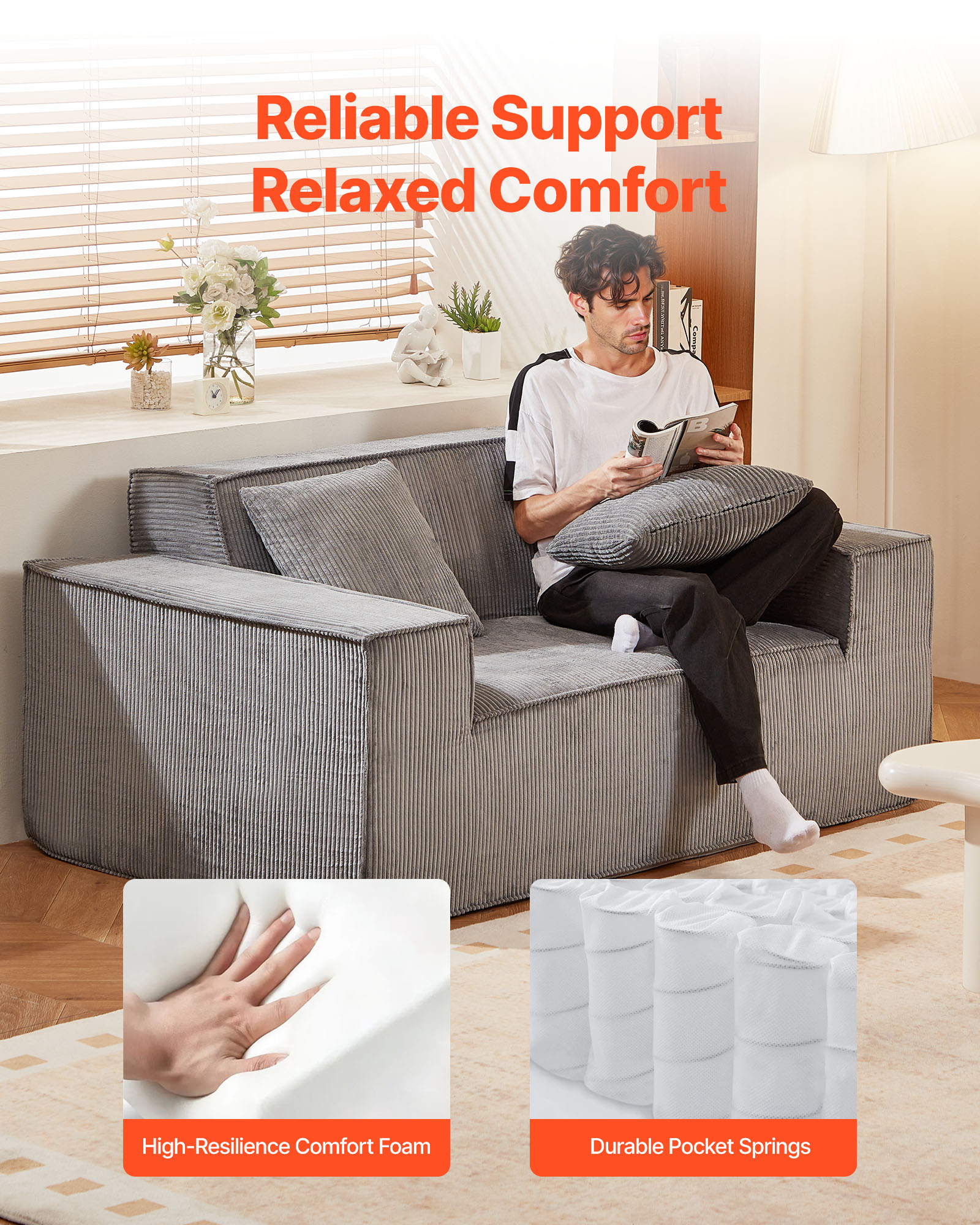 VEVOR Loveseat Sofa, 63-Inch 2-Seats Couch for Living Room, Modern Small Corduroy Couch with Pocket Springs, Soft Cushions,Comfy Loveseat for Bedroom, Office or Apartment, No Assembly Required, Gray