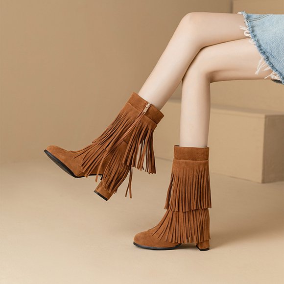 Fankiway Western Tassel Boots for Women Mid Calf Boots Side Zipper Round Toe Fall Winter Fashion Trendy Thick Heel Comfortable Brown