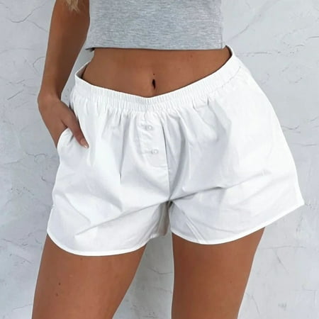 EHTMSAK Womens Character Pajama Boxer Shorts Plaid Striped Wide Leg Layered Ruffled Bottoms Button High Waist Low Rise Shorts Loose Fit Pleated Checkered Bloomers Boy Shorts with Pockets White M