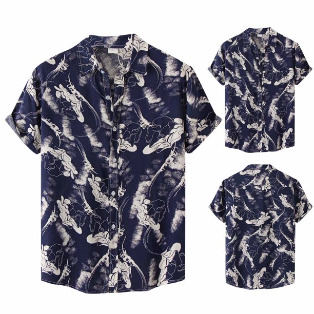 Camisas De Vestir Para Hombre Manga Larga Camisa de Fashion Casual Top de gran tamaño Lapel Button Fashion Camisa Rubia de manga corta Retro Impreso Camisa Casual impresa (Dark Blue, 3XL)