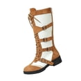 thumbnail image 3 of Domuza Women's Buckle Strap Lace Up Knee High Boots, Color Block Faux Suede Side Zipper Low Block Heel Tall Boots for Cosplay Casual Outdoor Wear Brown 11.5（EU-46）, 3 of 9